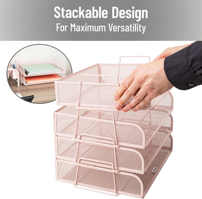 Stackable Paper Tray, Desktop Organizer, File Storage, Office, Metal Mesh, 4 Pcs., Black