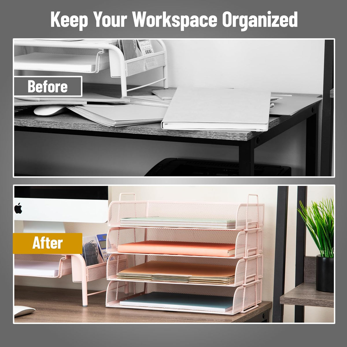 Stackable Paper Tray, Desktop Organizer, File Storage, Office, Metal Mesh, 4 Pcs., Black