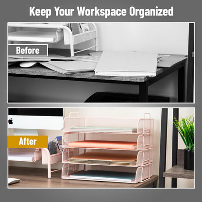 Stackable Paper Tray, Desktop Organizer, File Storage, Office, Metal Mesh, 4 Pcs., Black