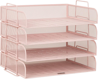 Stackable Paper Tray, Desktop Organizer, File Storage, Office, Metal Mesh, 4 Pcs., Black
