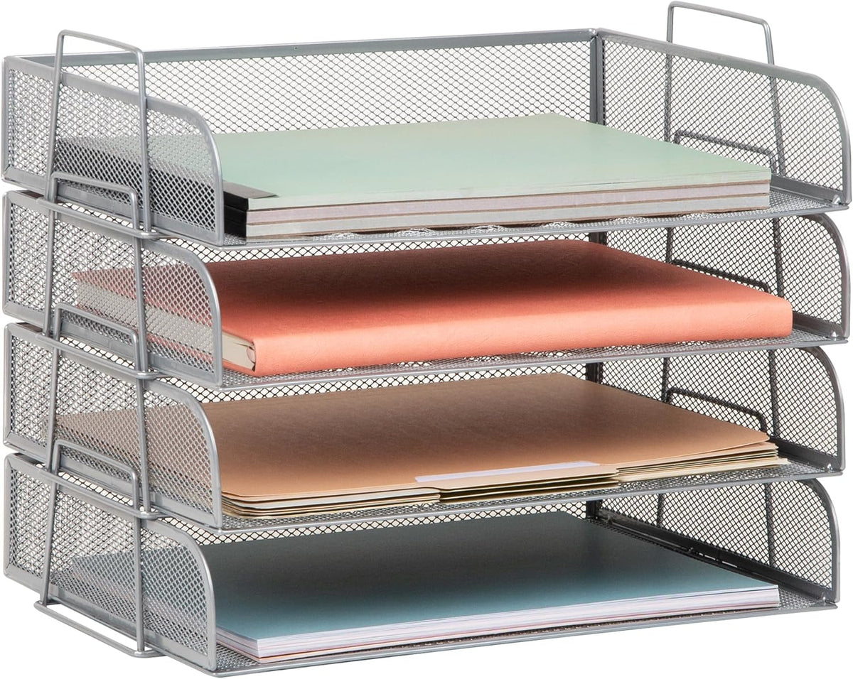 Stackable Paper Tray, Desktop Organizer, File Storage, Office, Metal Mesh, 4 Pcs., Black