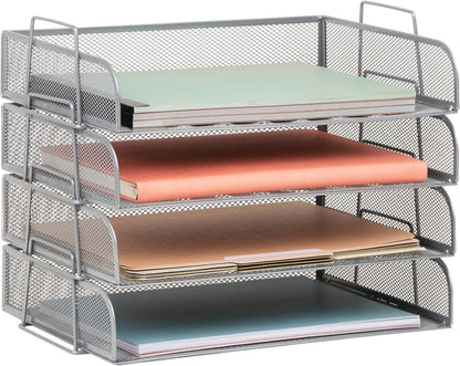 Stackable Paper Tray, Desktop Organizer, File Storage, Office, Metal Mesh, 4 Pcs., Black