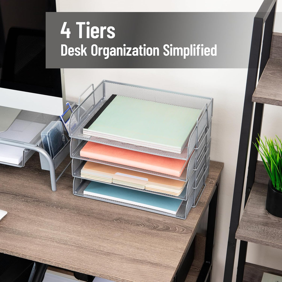 Stackable Paper Tray, Desktop Organizer, File Storage, Office, Metal Mesh, 4 Pcs., Black