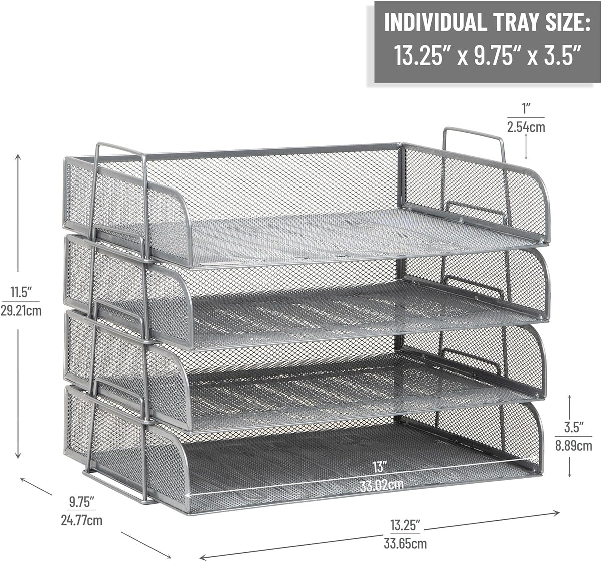 Stackable Paper Tray, Desktop Organizer, File Storage, Office, Metal Mesh, 4 Pcs., Black