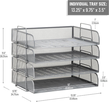 Stackable Paper Tray, Desktop Organizer, File Storage, Office, Metal Mesh, 4 Pcs., Black