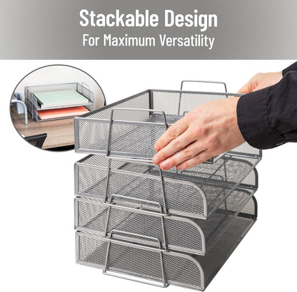 Stackable Paper Tray, Desktop Organizer, File Storage, Office, Metal Mesh, 4 Pcs., Black
