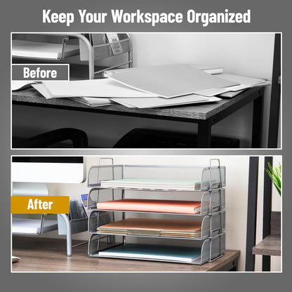 Stackable Paper Tray, Desktop Organizer, File Storage, Office, Metal Mesh, 4 Pcs., Black