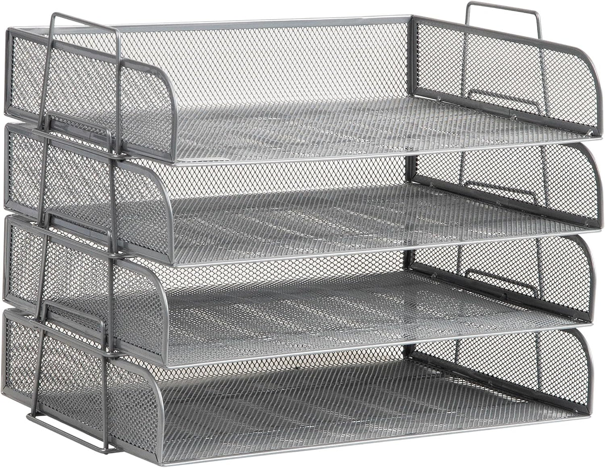 Stackable Paper Tray, Desktop Organizer, File Storage, Office, Metal Mesh, 4 Pcs., Black