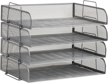 Stackable Paper Tray, Desktop Organizer, File Storage, Office, Metal Mesh, 4 Pcs., Black