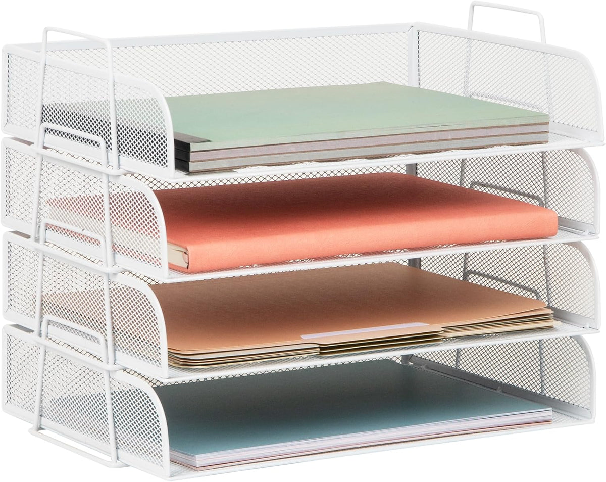 Stackable Paper Tray, Desktop Organizer, File Storage, Office, Metal Mesh, 4 Pcs., Black