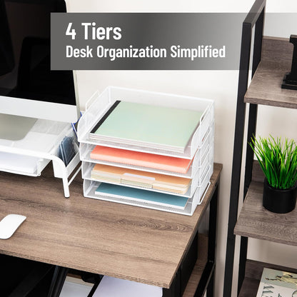 Stackable Paper Tray, Desktop Organizer, File Storage, Office, Metal Mesh, 4 Pcs., Black