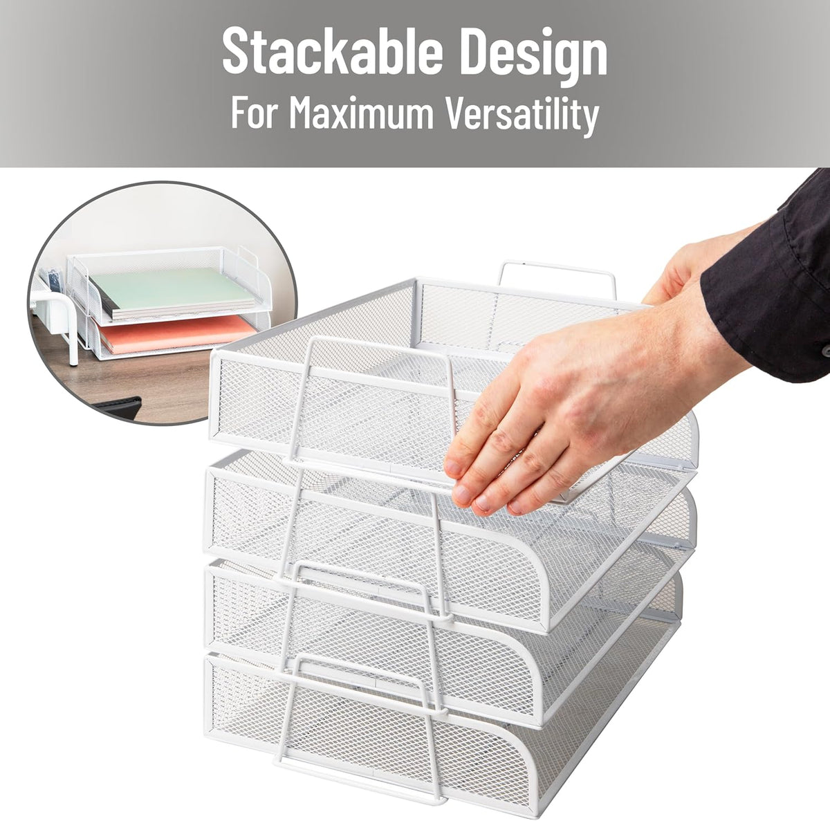 Stackable Paper Tray, Desktop Organizer, File Storage, Office, Metal Mesh, 4 Pcs., Black