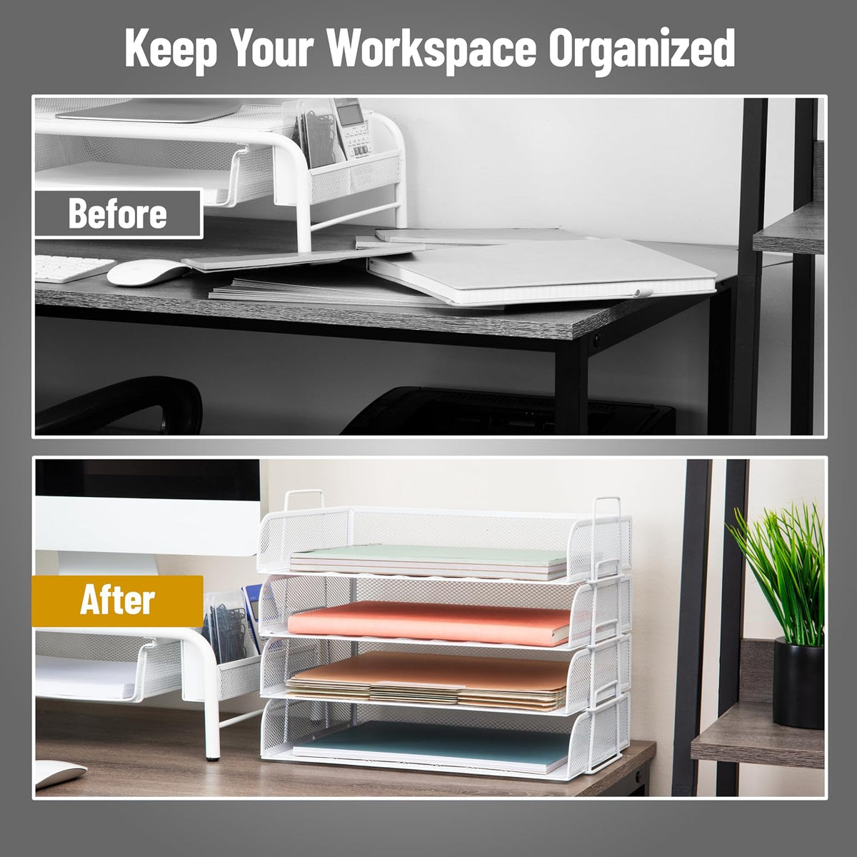 Stackable Paper Tray, Desktop Organizer, File Storage, Office, Metal Mesh, 4 Pcs., Black