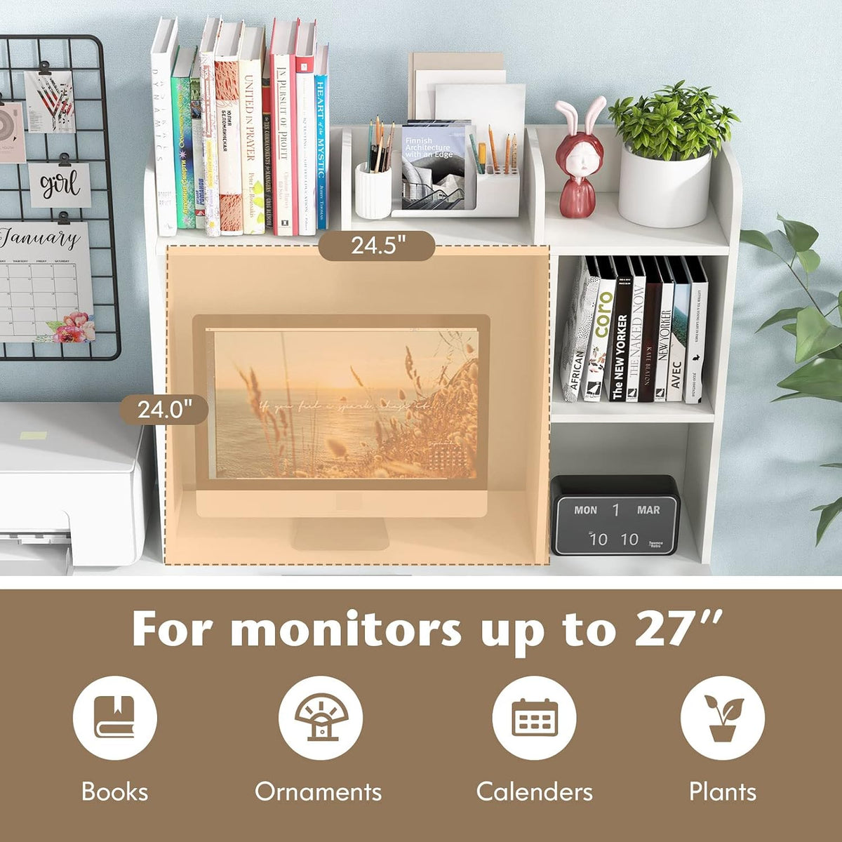 Desktop Bookshelf, Countertop Storage Hutch with 5 Shelves for Computer Desk, Desk 3-Tier Display Rack, Multipurpose Wood Desktop Hutch Storage Organizer for Dorm Office Home
