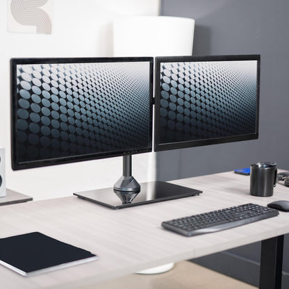 Freestanding Dual Monitor Stand with Sleek Glass Base and Adjustable Arms, Mounts 2 Screens up to 32 inch and 22 lbs Each, Black, STAND-V002FG