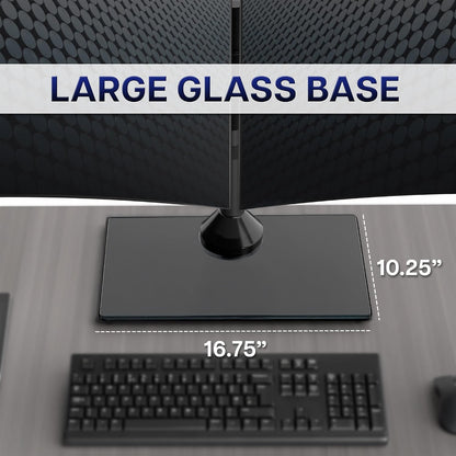 Freestanding Dual Monitor Stand with Sleek Glass Base and Adjustable Arms, Mounts 2 Screens up to 32 inch and 22 lbs Each, Black, STAND-V002FG