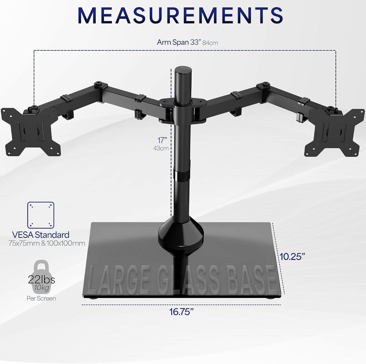 Freestanding Dual Monitor Stand with Sleek Glass Base and Adjustable Arms, Mounts 2 Screens up to 32 inch and 22 lbs Each, Black, STAND-V002FG
