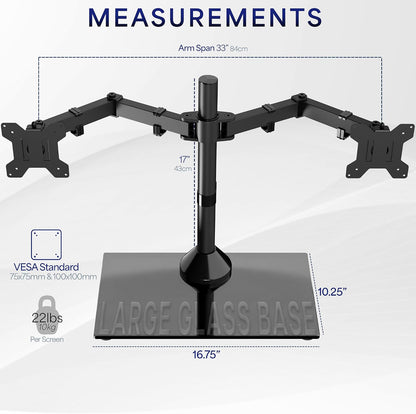 Freestanding Dual Monitor Stand with Sleek Glass Base and Adjustable Arms, Mounts 2 Screens up to 32 inch and 22 lbs Each, Black, STAND-V002FG