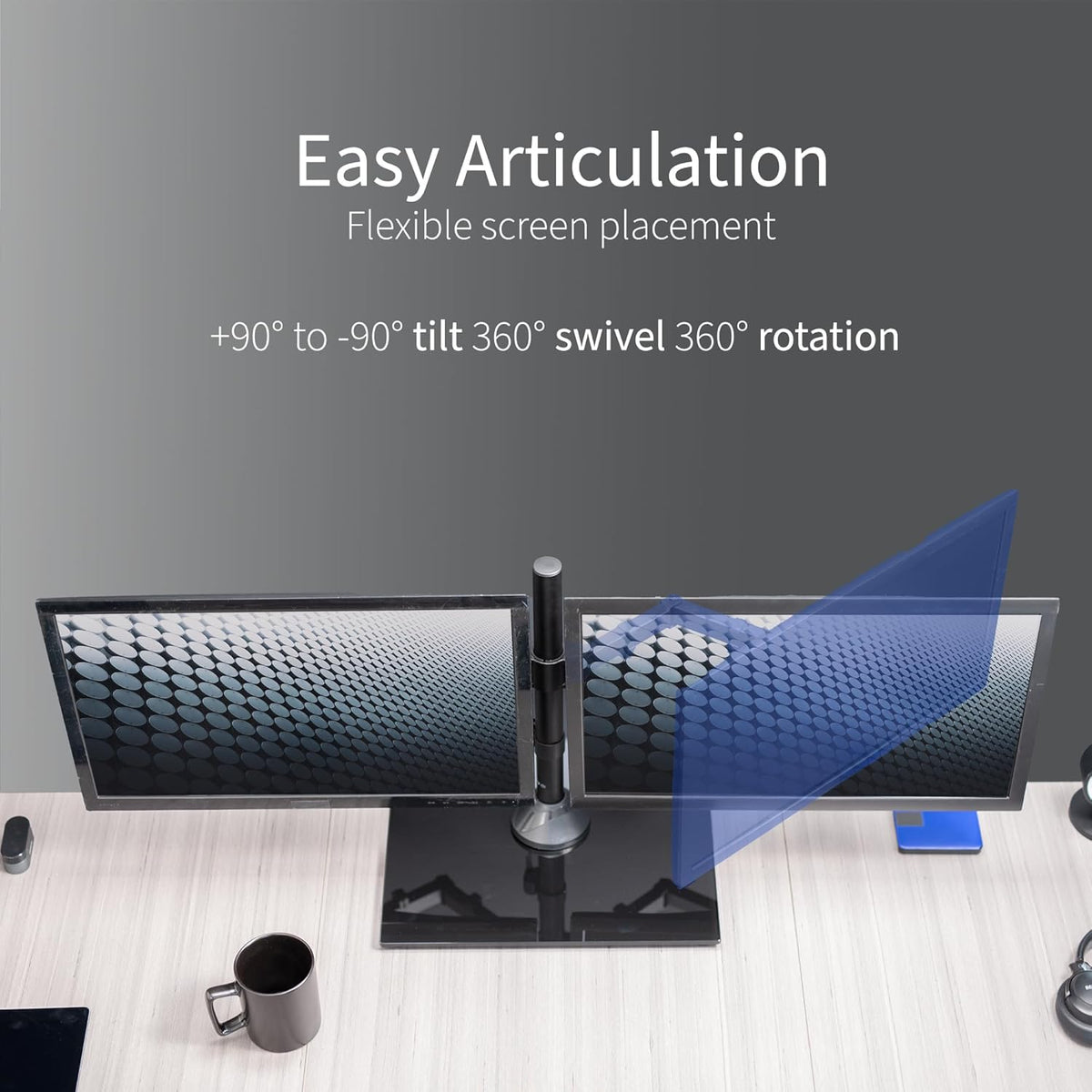 Freestanding Dual Monitor Stand with Sleek Glass Base and Adjustable Arms, Mounts 2 Screens up to 32 inch and 22 lbs Each, Black, STAND-V002FG