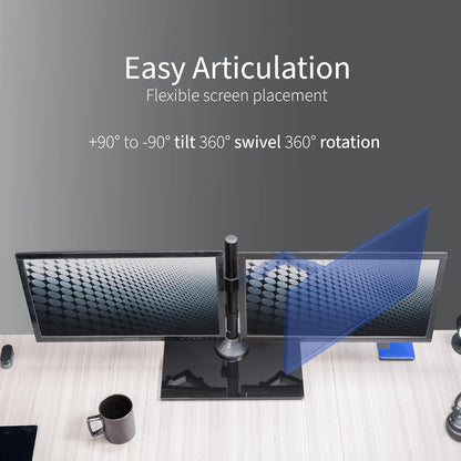 Freestanding Dual Monitor Stand with Sleek Glass Base and Adjustable Arms, Mounts 2 Screens up to 32 inch and 22 lbs Each, Black, STAND-V002FG