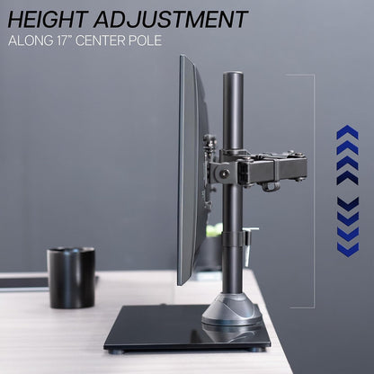 Freestanding Dual Monitor Stand with Sleek Glass Base and Adjustable Arms, Mounts 2 Screens up to 32 inch and 22 lbs Each, Black, STAND-V002FG