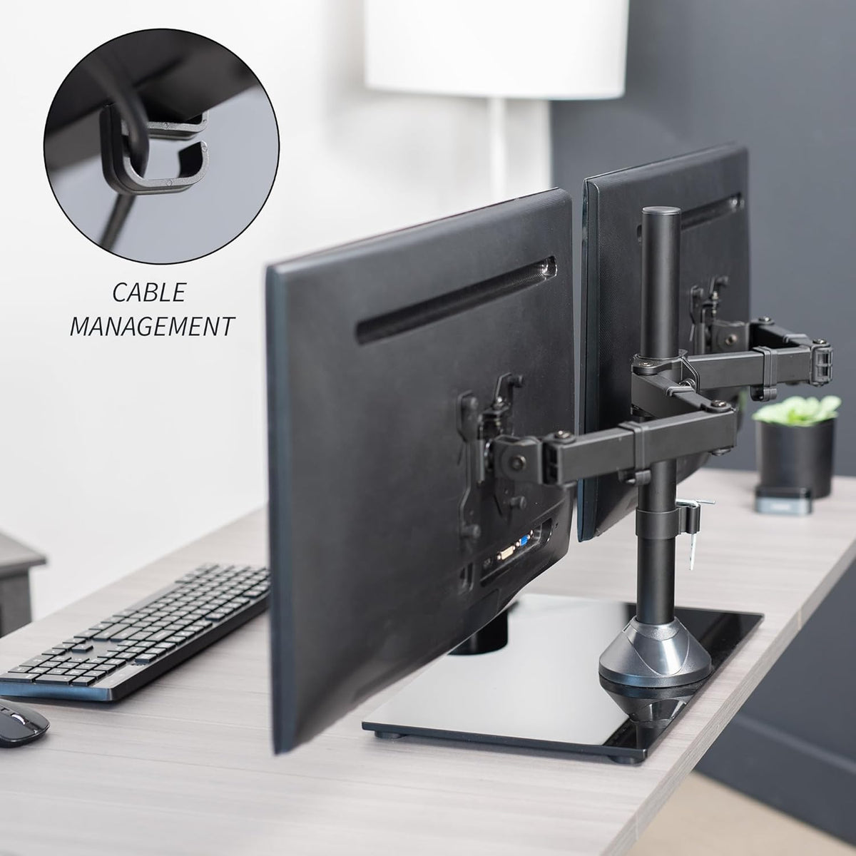 Freestanding Dual Monitor Stand with Sleek Glass Base and Adjustable Arms, Mounts 2 Screens up to 32 inch and 22 lbs Each, Black, STAND-V002FG