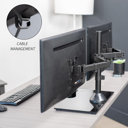 Freestanding Dual Monitor Stand with Sleek Glass Base and Adjustable Arms, Mounts 2 Screens up to 32 inch and 22 lbs Each, Black, STAND-V002FG