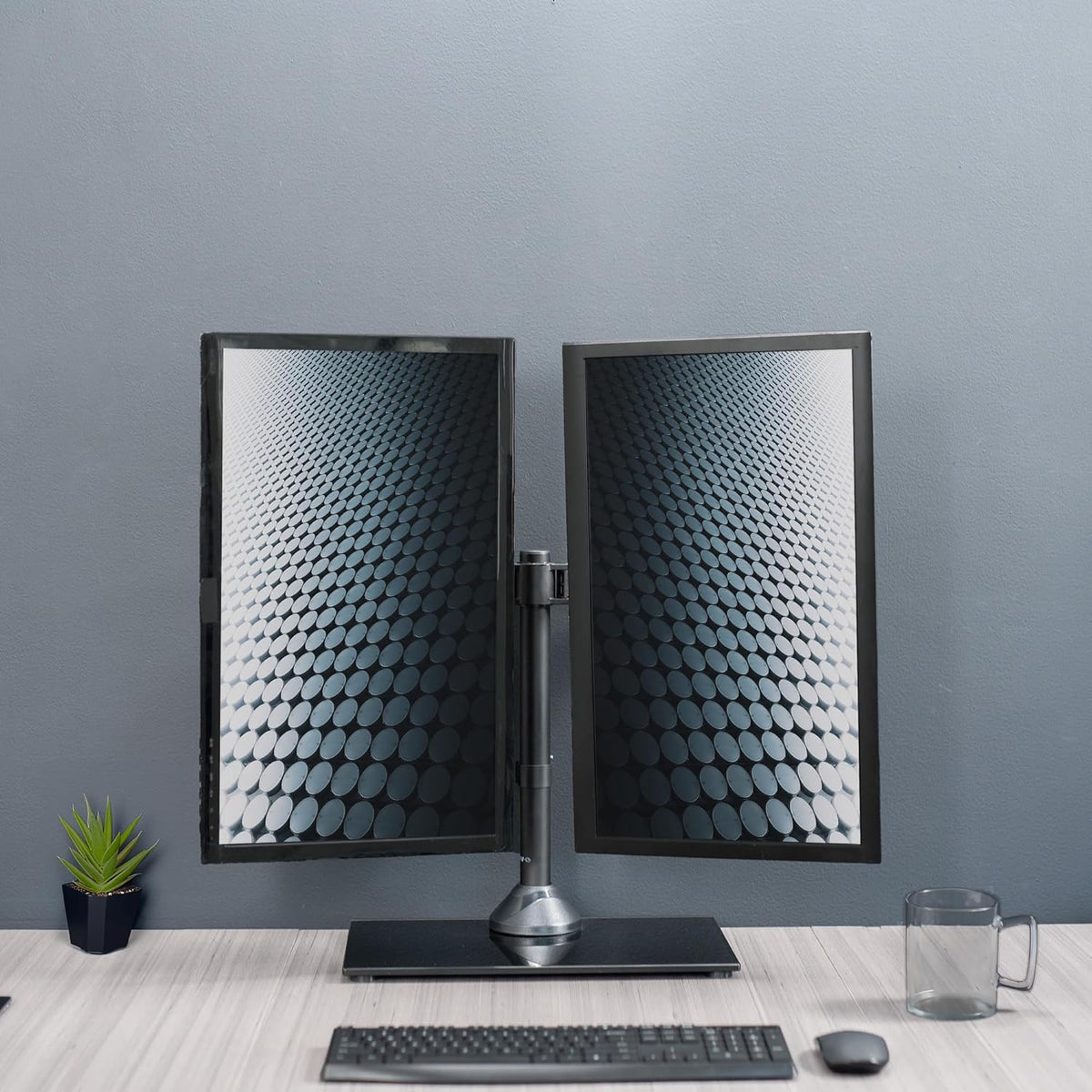 Freestanding Dual Monitor Stand with Sleek Glass Base and Adjustable Arms, Mounts 2 Screens up to 32 inch and 22 lbs Each, Black, STAND-V002FG