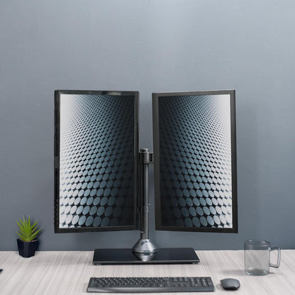 Freestanding Dual Monitor Stand with Sleek Glass Base and Adjustable Arms, Mounts 2 Screens up to 32 inch and 22 lbs Each, Black, STAND-V002FG
