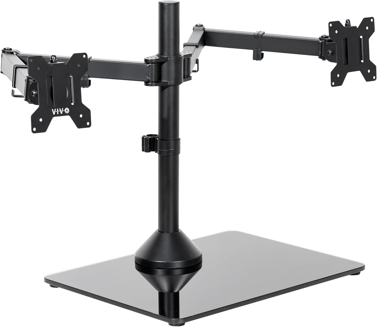 Freestanding Dual Monitor Stand with Sleek Glass Base and Adjustable Arms, Mounts 2 Screens up to 32 inch and 22 lbs Each, Black, STAND-V002FG
