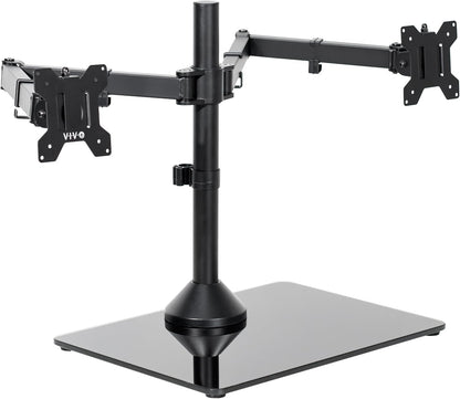 Freestanding Dual Monitor Stand with Sleek Glass Base and Adjustable Arms, Mounts 2 Screens up to 32 inch and 22 lbs Each, Black, STAND-V002FG