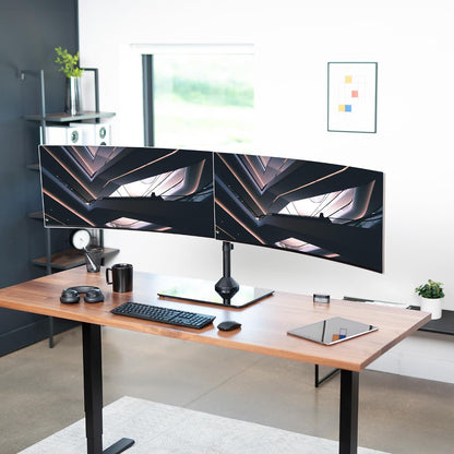 Freestanding Dual Monitor Stand with Sleek Glass Base and Adjustable Arms, Mounts 2 Screens up to 32 inch and 22 lbs Each, Black, STAND-V002FG