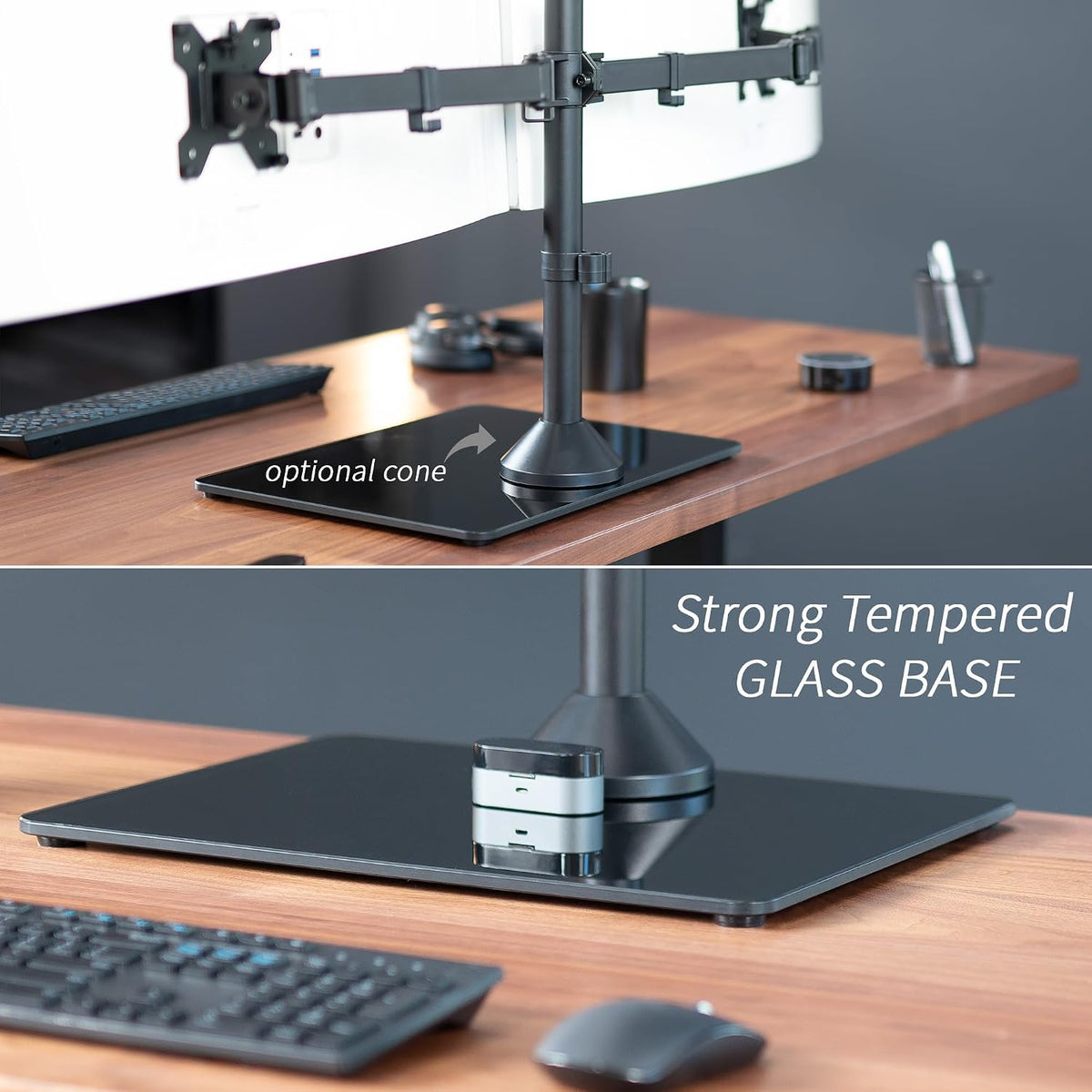 Freestanding Dual Monitor Stand with Sleek Glass Base and Adjustable Arms, Mounts 2 Screens up to 32 inch and 22 lbs Each, Black, STAND-V002FG