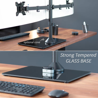 Freestanding Dual Monitor Stand with Sleek Glass Base and Adjustable Arms, Mounts 2 Screens up to 32 inch and 22 lbs Each, Black, STAND-V002FG