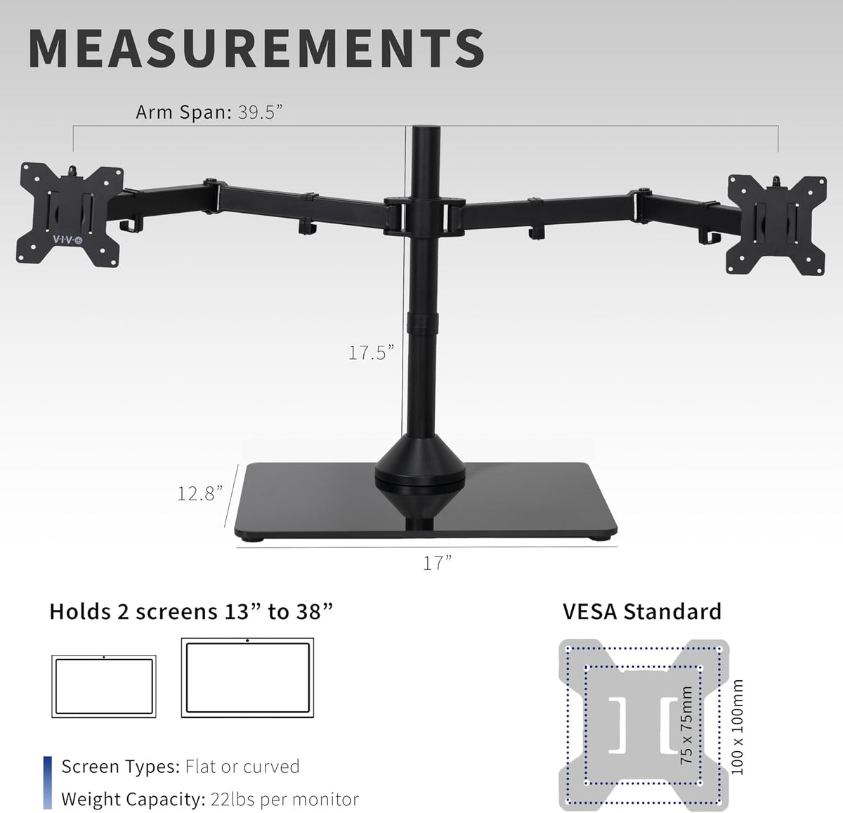 Freestanding Dual Monitor Stand with Sleek Glass Base and Adjustable Arms, Mounts 2 Screens up to 32 inch and 22 lbs Each, Black, STAND-V002FG