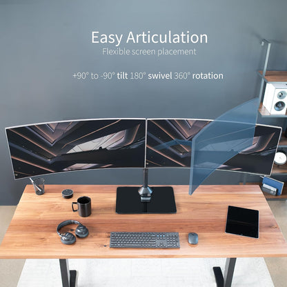 Freestanding Dual Monitor Stand with Sleek Glass Base and Adjustable Arms, Mounts 2 Screens up to 32 inch and 22 lbs Each, Black, STAND-V002FG