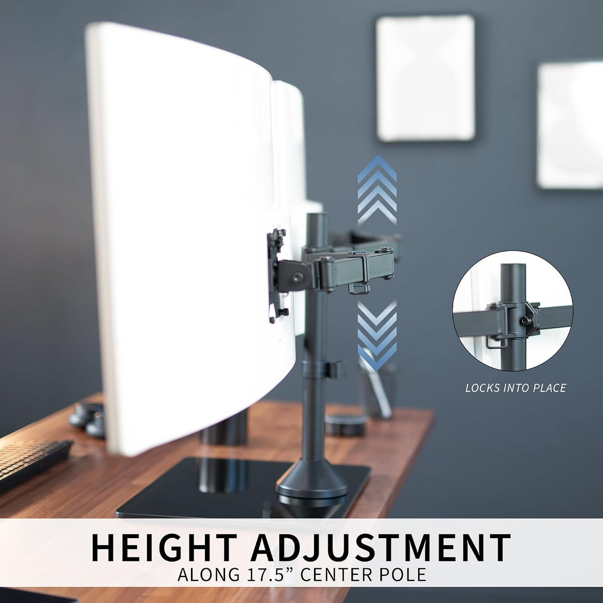 Freestanding Dual Monitor Stand with Sleek Glass Base and Adjustable Arms, Mounts 2 Screens up to 32 inch and 22 lbs Each, Black, STAND-V002FG
