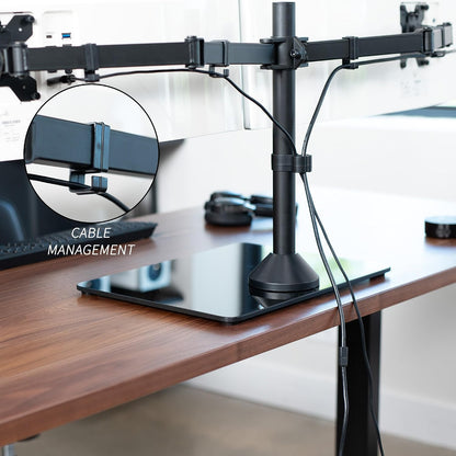 Freestanding Dual Monitor Stand with Sleek Glass Base and Adjustable Arms, Mounts 2 Screens up to 32 inch and 22 lbs Each, Black, STAND-V002FG
