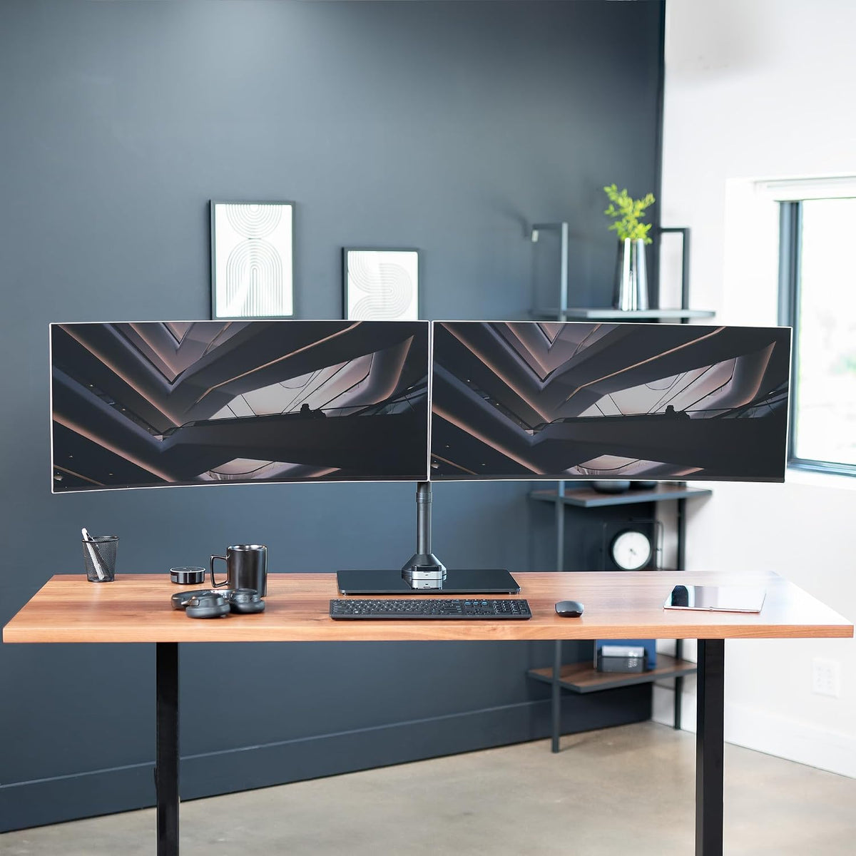 Freestanding Dual Monitor Stand with Sleek Glass Base and Adjustable Arms, Mounts 2 Screens up to 32 inch and 22 lbs Each, Black, STAND-V002FG