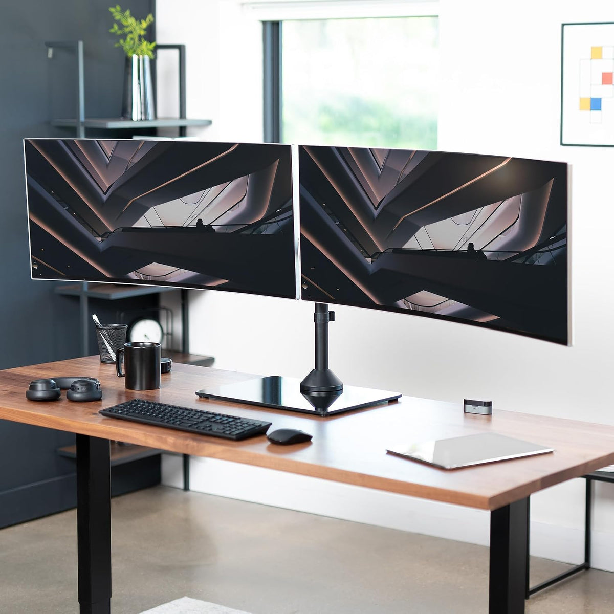 Freestanding Dual Monitor Stand with Sleek Glass Base and Adjustable Arms, Mounts 2 Screens up to 32 inch and 22 lbs Each, Black, STAND-V002FG