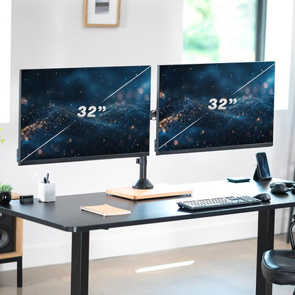Freestanding Dual Monitor Stand with Sleek Glass Base and Adjustable Arms, Mounts 2 Screens up to 32 inch and 22 lbs Each, Black, STAND-V002FG