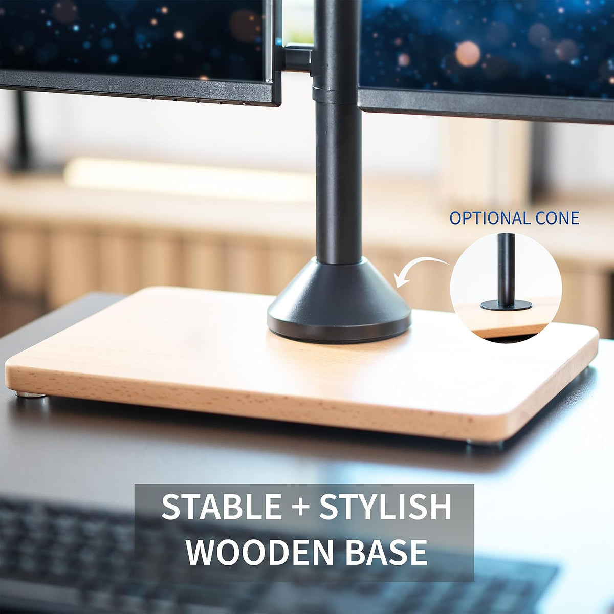 Freestanding Dual Monitor Stand with Sleek Glass Base and Adjustable Arms, Mounts 2 Screens up to 32 inch and 22 lbs Each, Black, STAND-V002FG