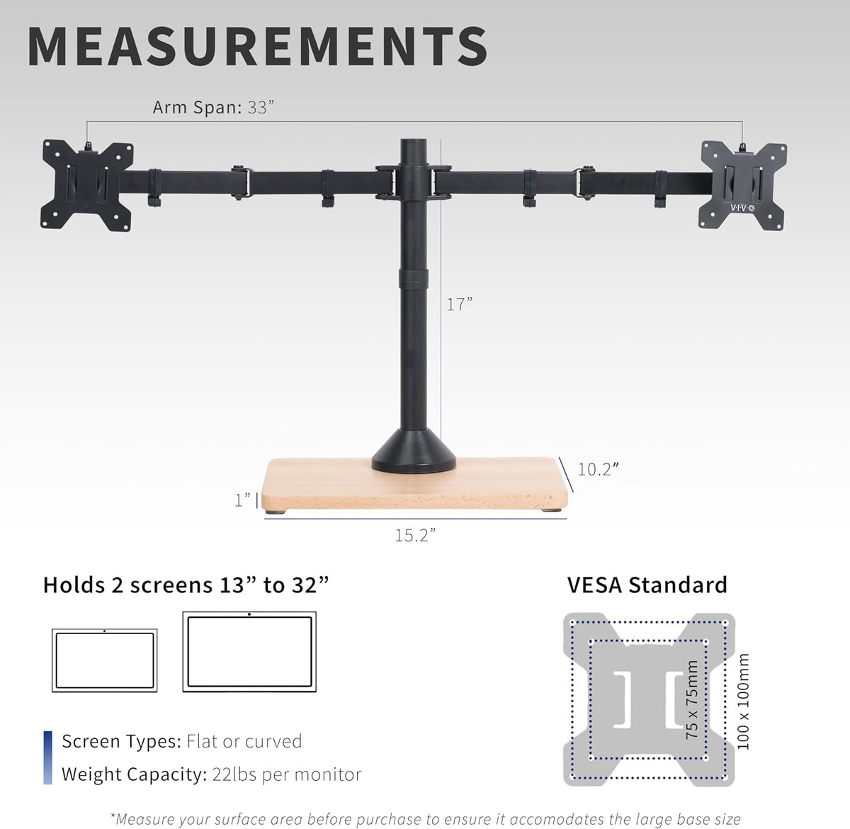 Freestanding Dual Monitor Stand with Sleek Glass Base and Adjustable Arms, Mounts 2 Screens up to 32 inch and 22 lbs Each, Black, STAND-V002FG