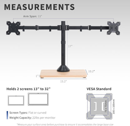 Freestanding Dual Monitor Stand with Sleek Glass Base and Adjustable Arms, Mounts 2 Screens up to 32 inch and 22 lbs Each, Black, STAND-V002FG