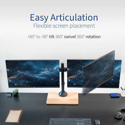 Freestanding Dual Monitor Stand with Sleek Glass Base and Adjustable Arms, Mounts 2 Screens up to 32 inch and 22 lbs Each, Black, STAND-V002FG