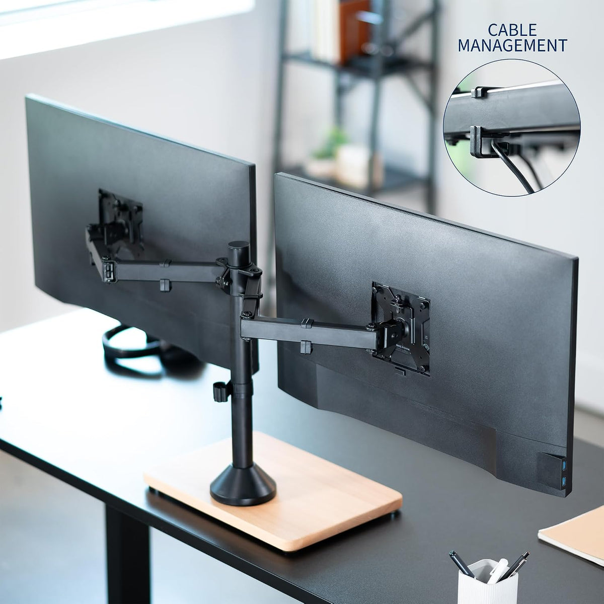 Freestanding Dual Monitor Stand with Sleek Glass Base and Adjustable Arms, Mounts 2 Screens up to 32 inch and 22 lbs Each, Black, STAND-V002FG