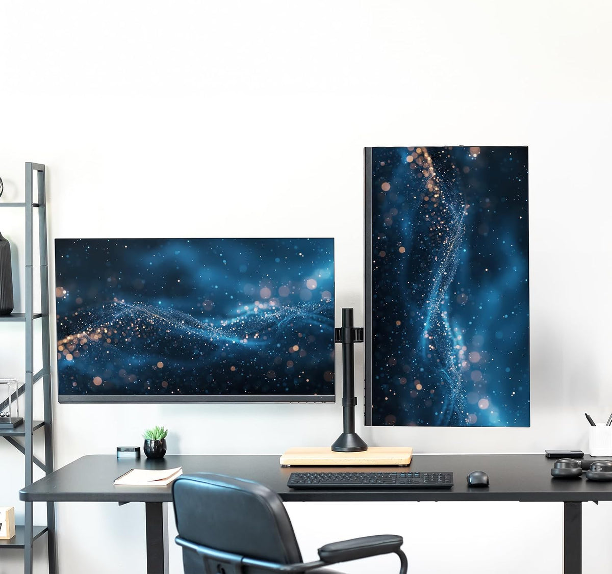 Freestanding Dual Monitor Stand with Sleek Glass Base and Adjustable Arms, Mounts 2 Screens up to 32 inch and 22 lbs Each, Black, STAND-V002FG