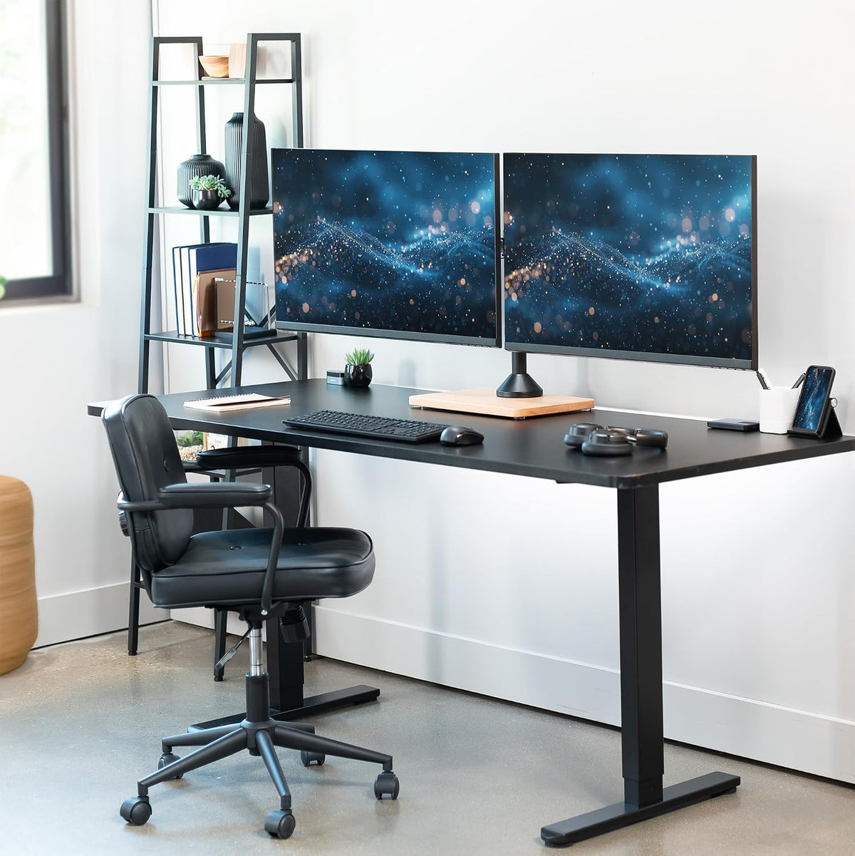 Freestanding Dual Monitor Stand with Sleek Glass Base and Adjustable Arms, Mounts 2 Screens up to 32 inch and 22 lbs Each, Black, STAND-V002FG
