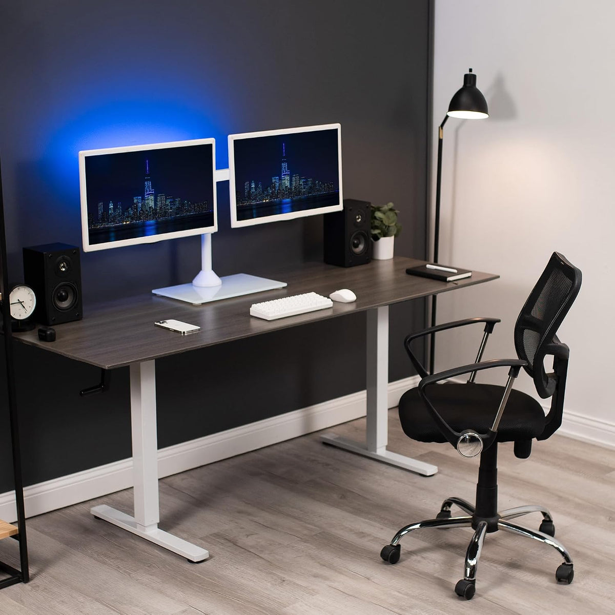 Freestanding Dual Monitor Stand with Sleek Glass Base and Adjustable Arms, Mounts 2 Screens up to 32 inch and 22 lbs Each, Black, STAND-V002FG