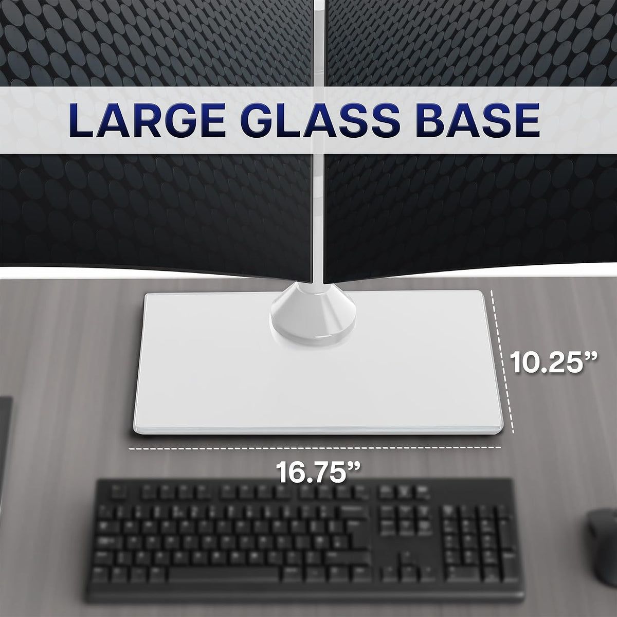 Freestanding Dual Monitor Stand with Sleek Glass Base and Adjustable Arms, Mounts 2 Screens up to 32 inch and 22 lbs Each, Black, STAND-V002FG
